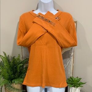 SUNDANCE Orange Thermal Top with Velvet Button Sleeve Details S